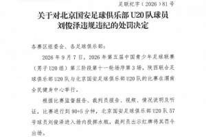 官方处罚:国安U20小将刘俊泽闯入场内扔水瓶 遭停赛1场