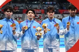 男子4x200米自由泳接力：中国破亚洲纪录夺金 张展硕逆转绝杀日本