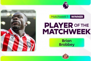 战曼城上演帽子戏法！官方：桑德兰中锋布罗比当选英超第5轮最佳