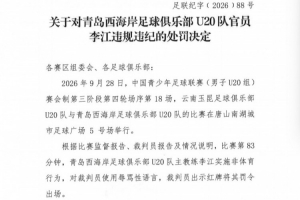 中足联官方：青岛西海岸U20队主帅李江因辱骂裁判，被罚禁赛5场