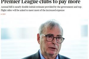 英媒：独立足球监管机构每年支出达2000万镑，英超俱乐部要出大头