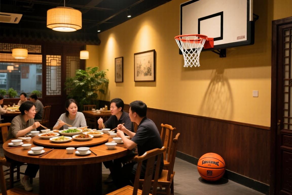 饭店吃饭我只见过有麻将桌、ktv的，第一次见有篮筐的