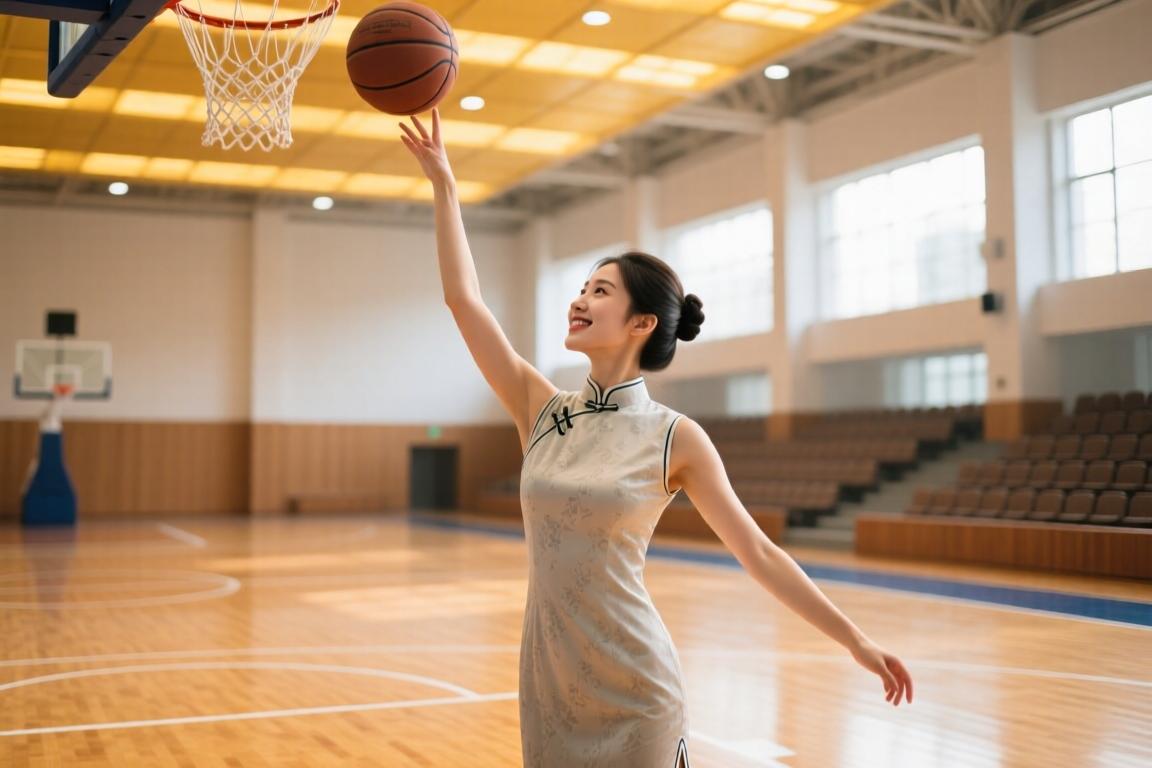 这一身是真好看啊小姐姐身穿旗袍也能投进球~