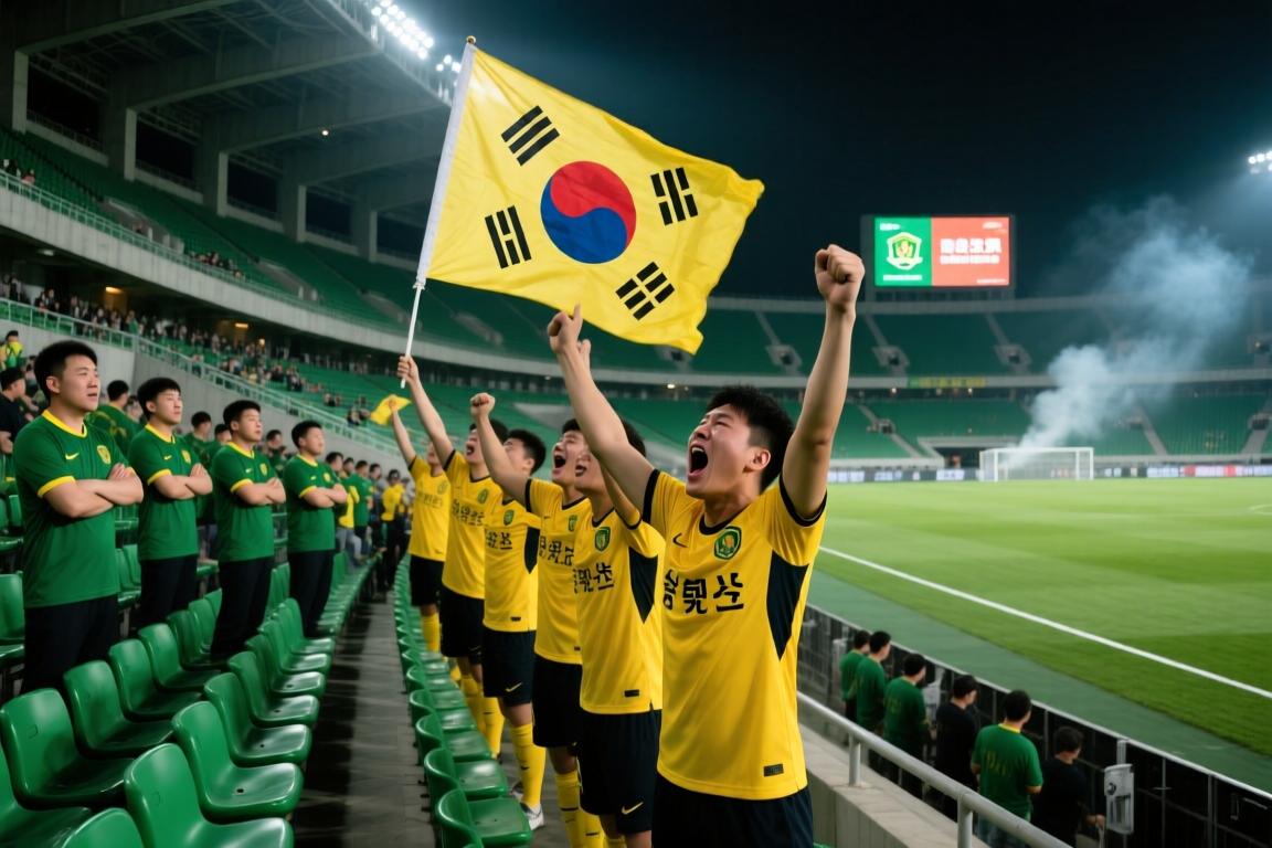 给国安球迷整不会了！实拍：全北现代球迷在工体朝国安球迷比心